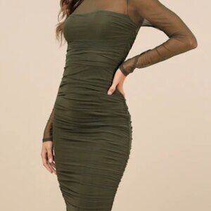 Lulus Impressive Flirt Olive Green Mesh Ruched Mock Neck Midi Dress - Size M